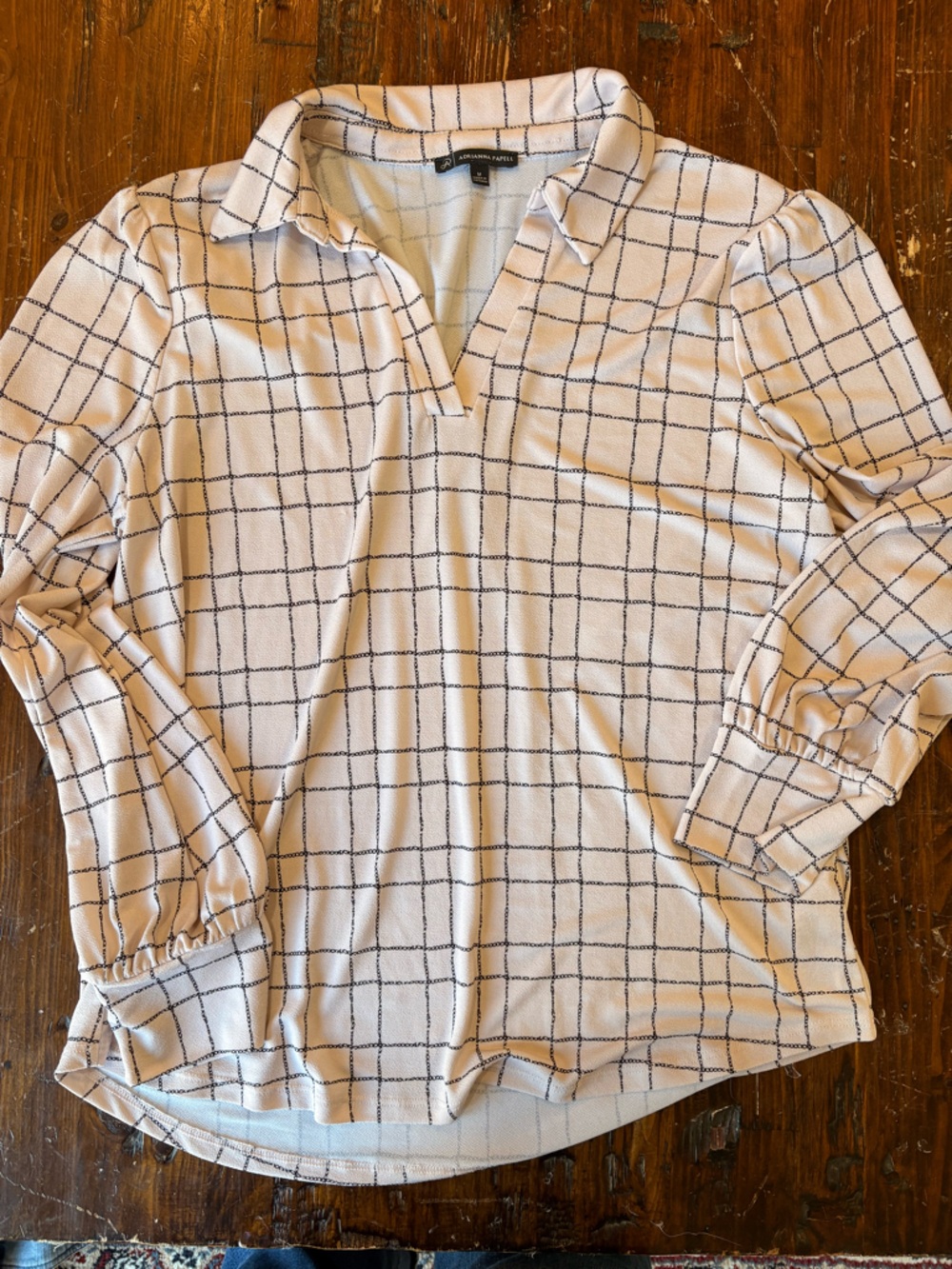Adrianna Papell Cream and Black Windowpane Collared Knit Top